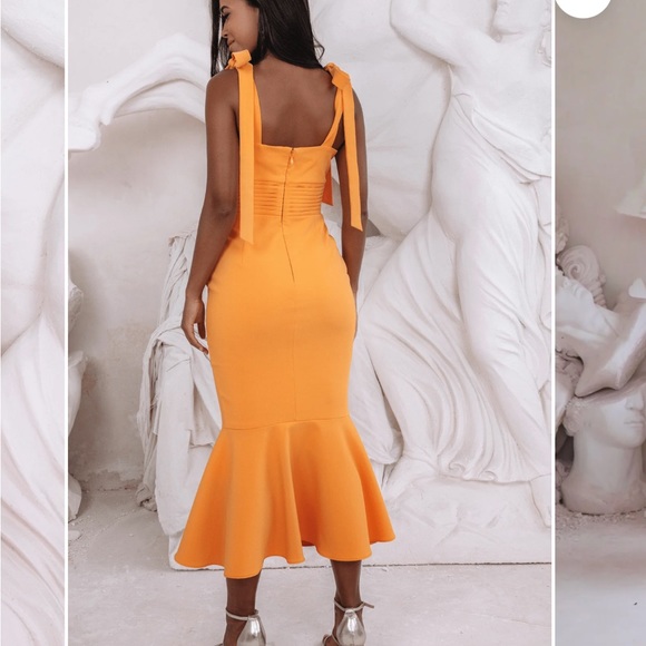 KAMILA TIE STRAP MICRO BUTTON MIDI DRESS IN ORANGE - Picture 2 of 5